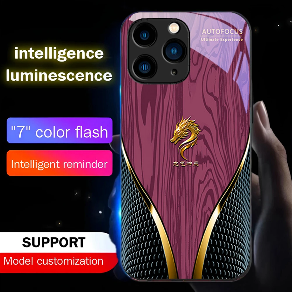 

Роскошный стеклянный чехол для телефона с синим зерном Dragon Smart Led Light Call Up со светящимся стеклом для iPhone 16 E 15 14 13 12 11 Pro Max XR XS Plus