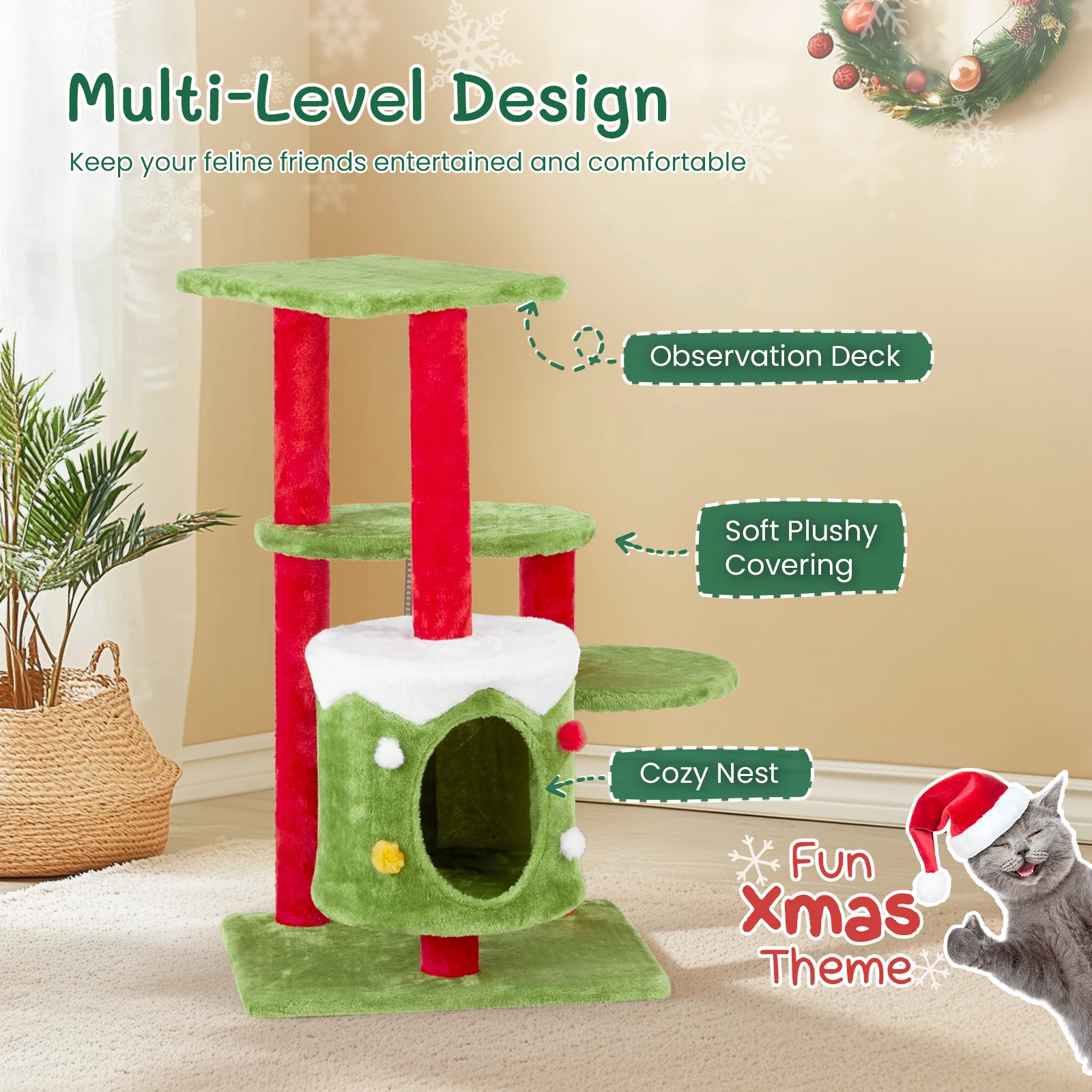 32in Christmas Themed Cat Tower with Cat Condo, 3-Level Plush Cat Tree Activity Center for Indoor Cats