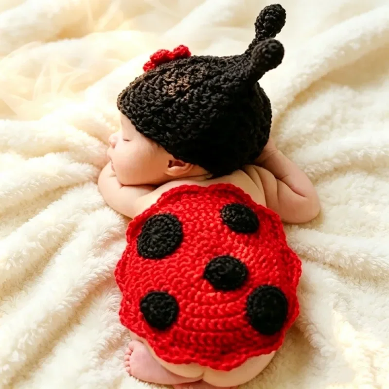 Red Black Ladybug Hand Knitted Outfit Set Cartoon Newborn Attire Infant Posing Costume For Baby Portrait Studio Shooting Supply