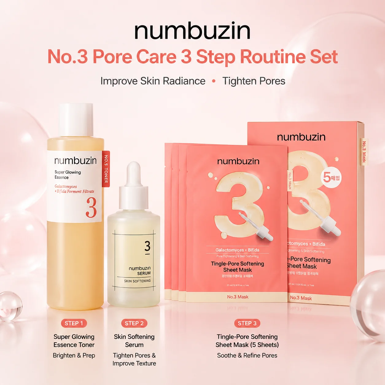 Numbuzin No.3 3-Step Set - Super Glowing Toner, Softening Serum & Pore-Refining Sheet Mask for Smooth, Radiant, Tighten Pores