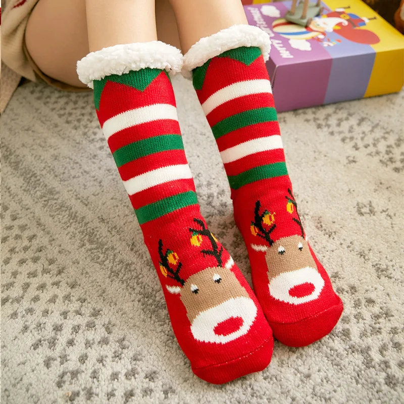 Womens Fuzzy Sock sheep Christmas Soft Female Home Indoor winter Warm Plush Bedroom Silicone Non-slip Grip Thermal Slipper Socks