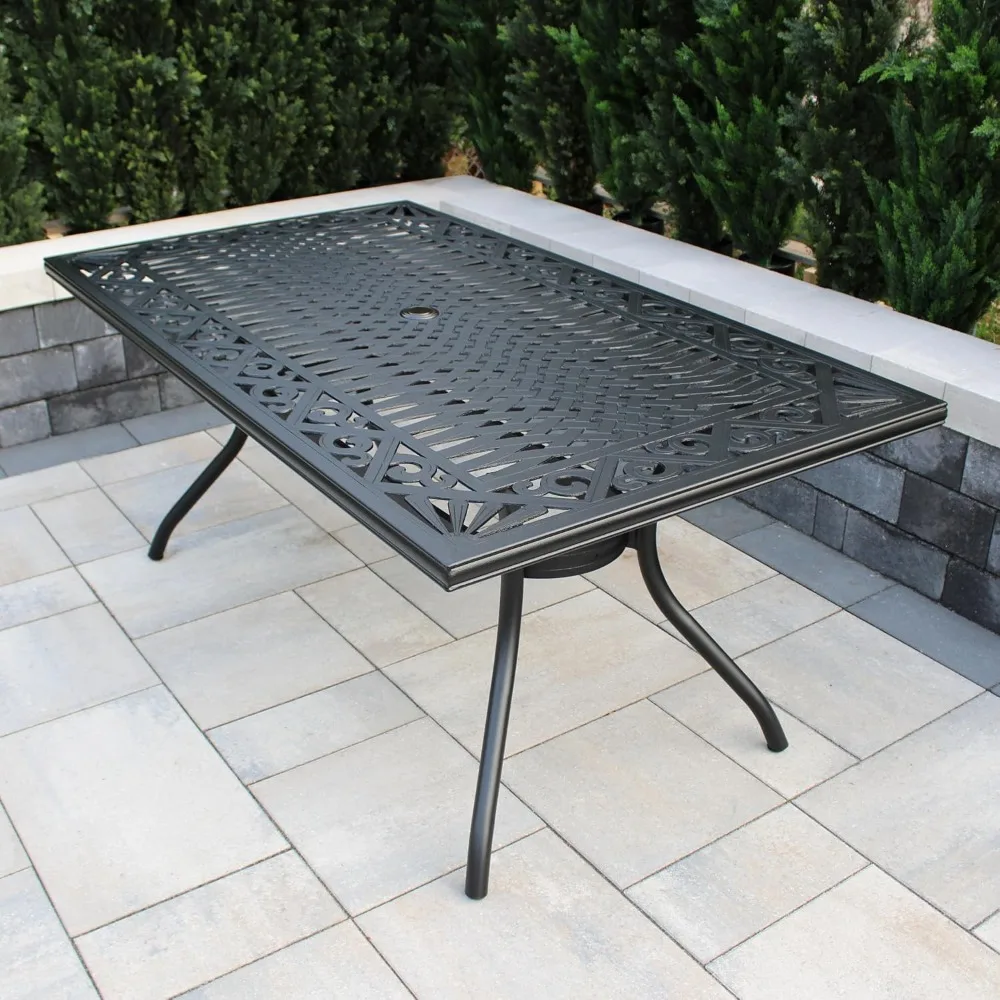 

68"D X 38.4"W X 30"H Outdoor Table with 2.36" Diameter Umbrella Hole, Foot Glides, Rectangle Ornate Mesh Aluminum Patio Table