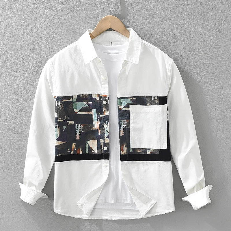 

Fashion Print Patchwork Shirt for Men Oversize Loose Long Sleeve Shirts 2025 Spring New Office Designer Clothes
