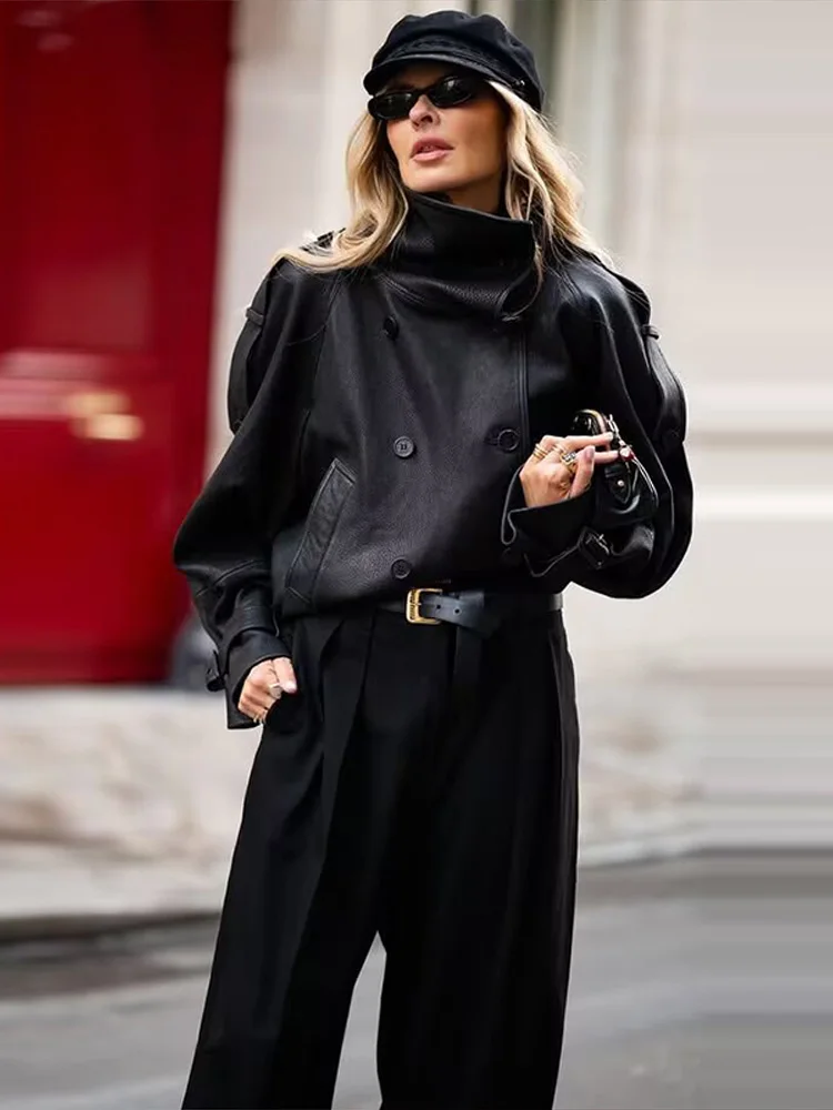 Damen Kunstlederjacken mit Stehkragen, Epauletten, Doppelreihig, Lange Ärmel, Oversize-Mäntel, Schicke Damen-Oberbekleidung in Unifarben – Detail 22