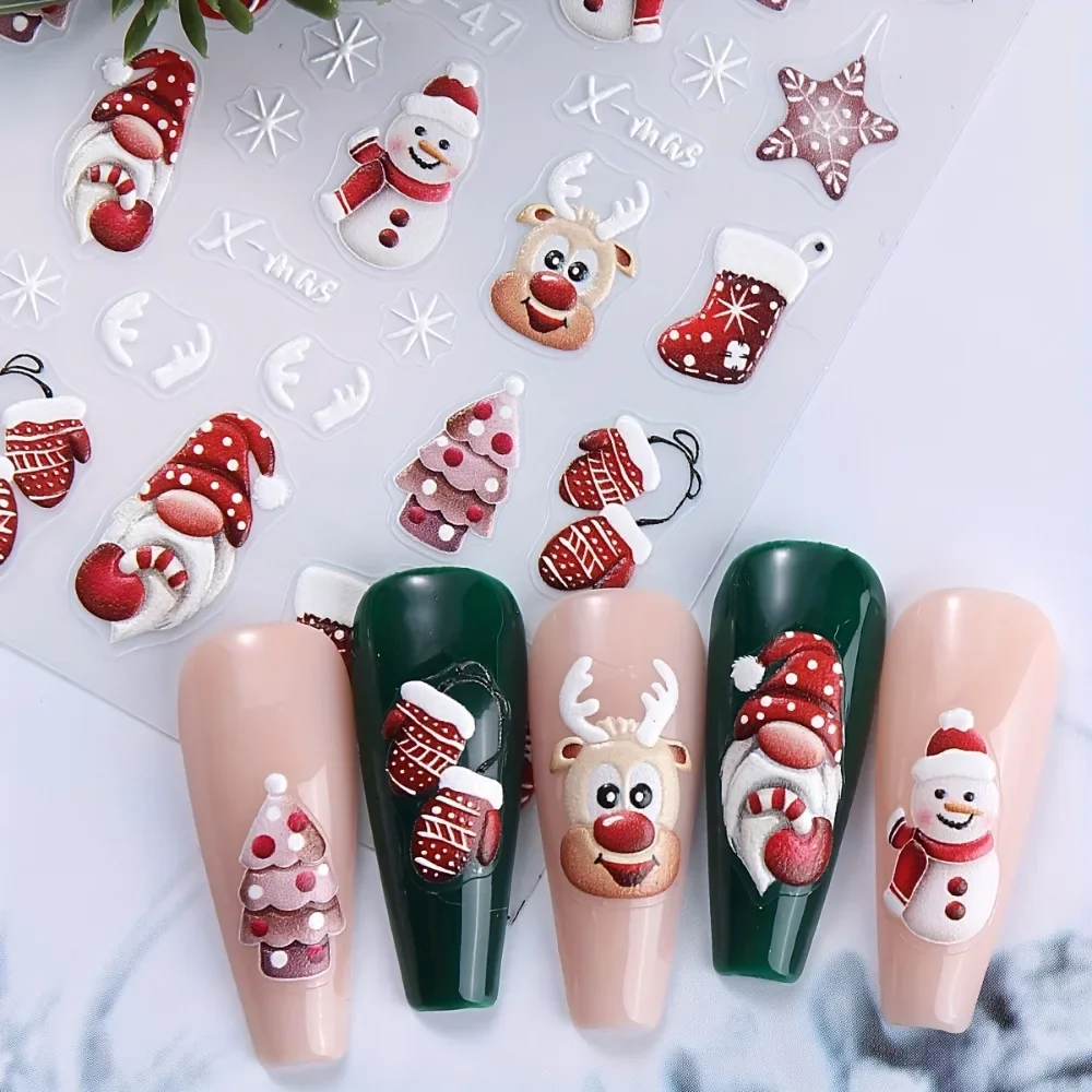 Festliche selbstklebende 3D-Nagelkunstaufkleber mit Weihnachtsmann, Rentier, Schneemann, matten Designs für Maniküre, Kunst und verschleißfest