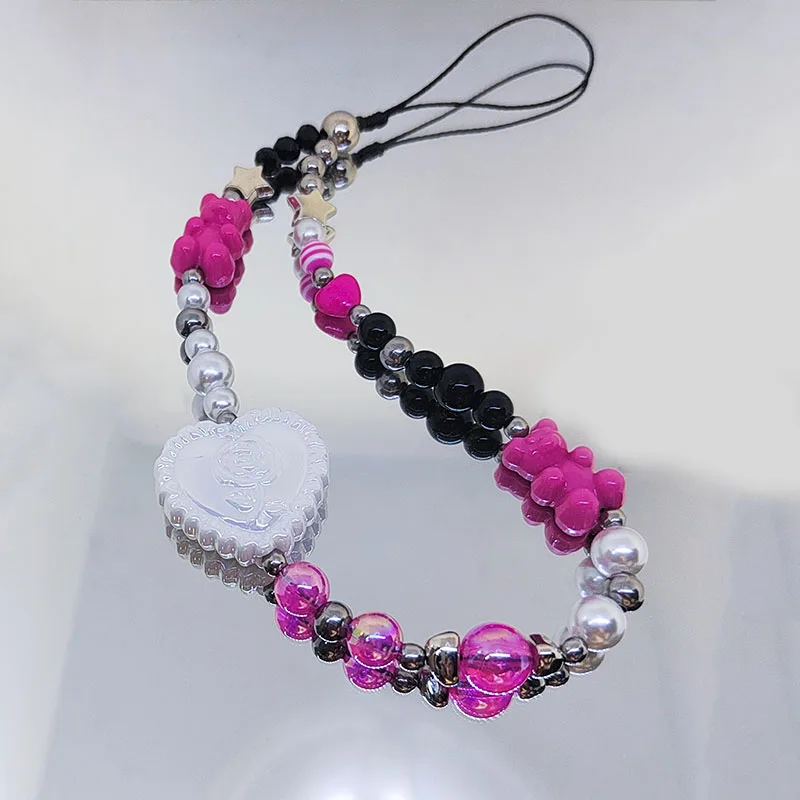 Heart Mobile Phone Charm Strap Chain Lanyard for Women Acrylic Bear Pear Glass Beads Hot Girls Rose Black Y2K Pendant Jewelry view 2