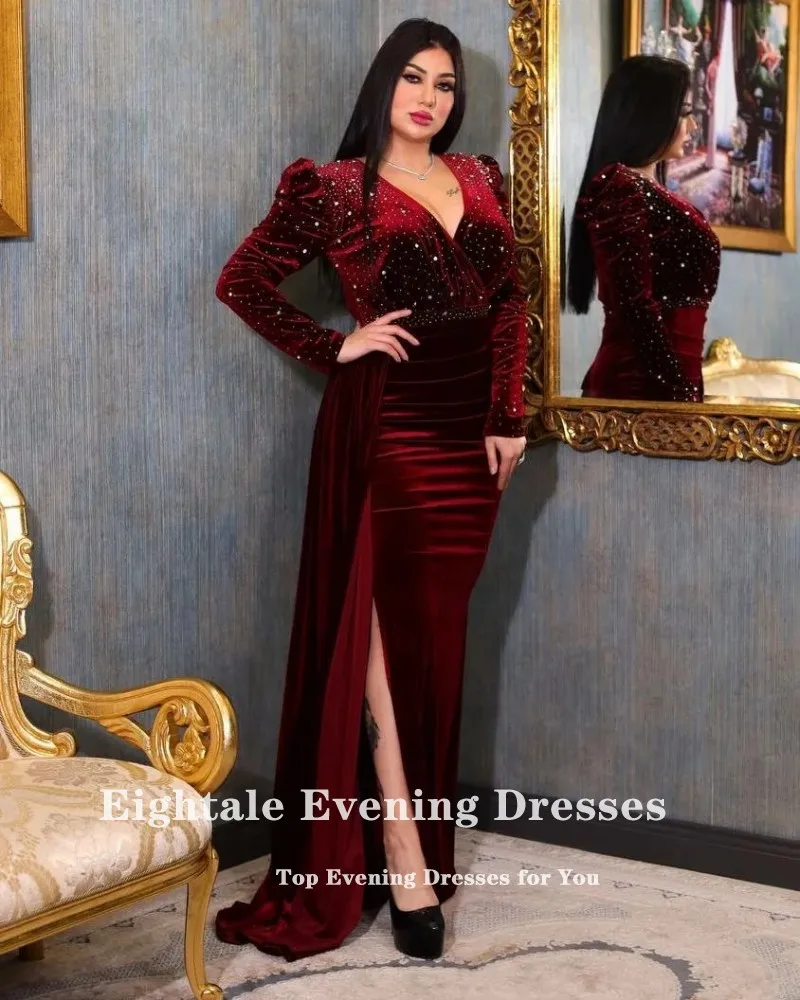 Eightale Velvet Evening Dress for Wedding Party V-Neck Beaded Plus Size Mermaid vestidos otoño invierno Long Sleeves Prom Gowns