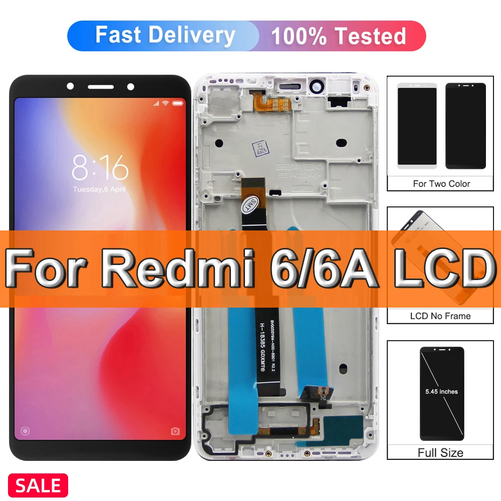 100% Tested Display For Xiaomi Redmi 6A LCD Display Touch Screen For Redmi 6 Screen Replacement Assembly Parts With Frame