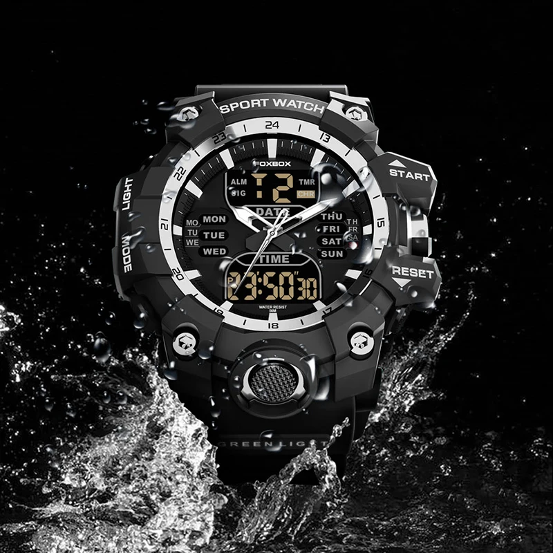FOXBOX Fashion Electronic Man Watch Outdoor Waterproof LED Light Casual Sport Dual Digital Display Alarm Week Date Stopwatch+Box