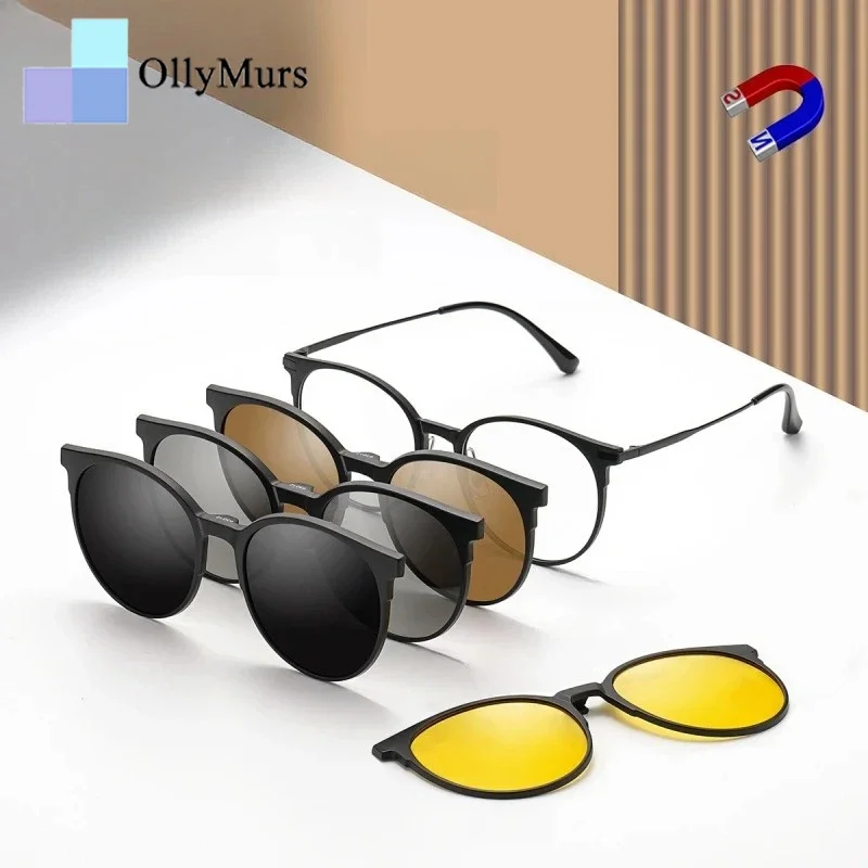 

OLLYMURS 1+4 Retro Round Magnetic Clip-On Glasses for Men and Women TR90 Pure Titanium Optical Prescription Eyeglasses Frame