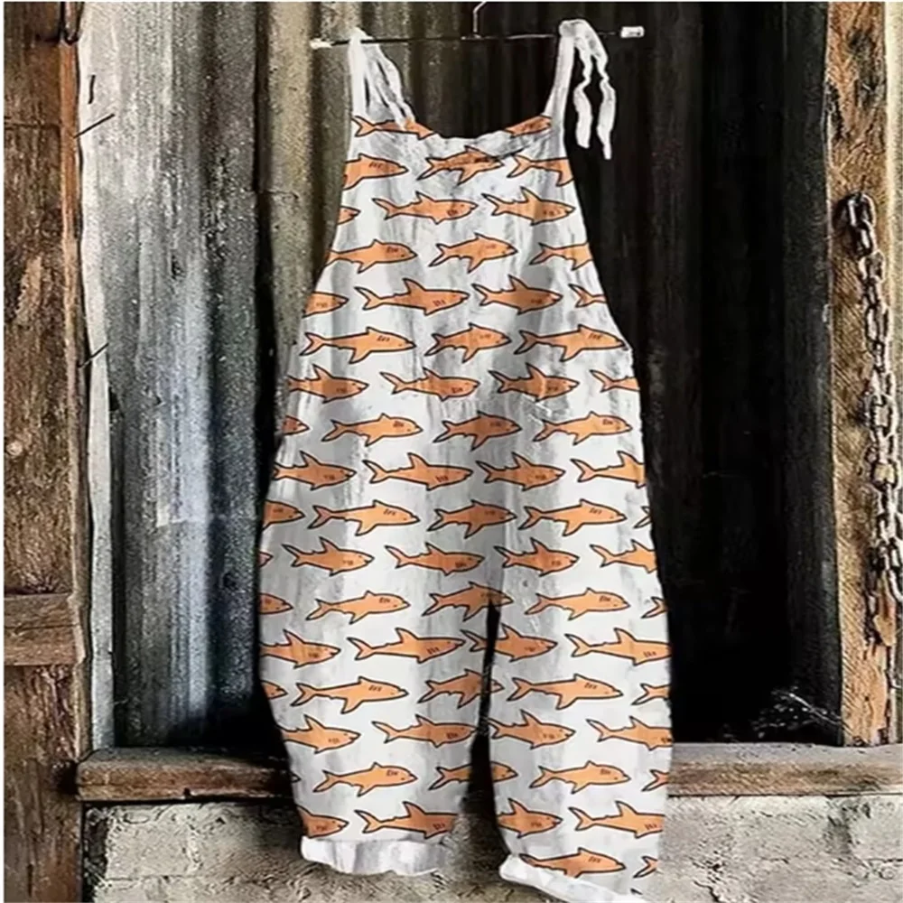Summer casual fashion breathable one-piece pants, with 3D stripes and fish prints, trendy and cute everyday one-piece pants