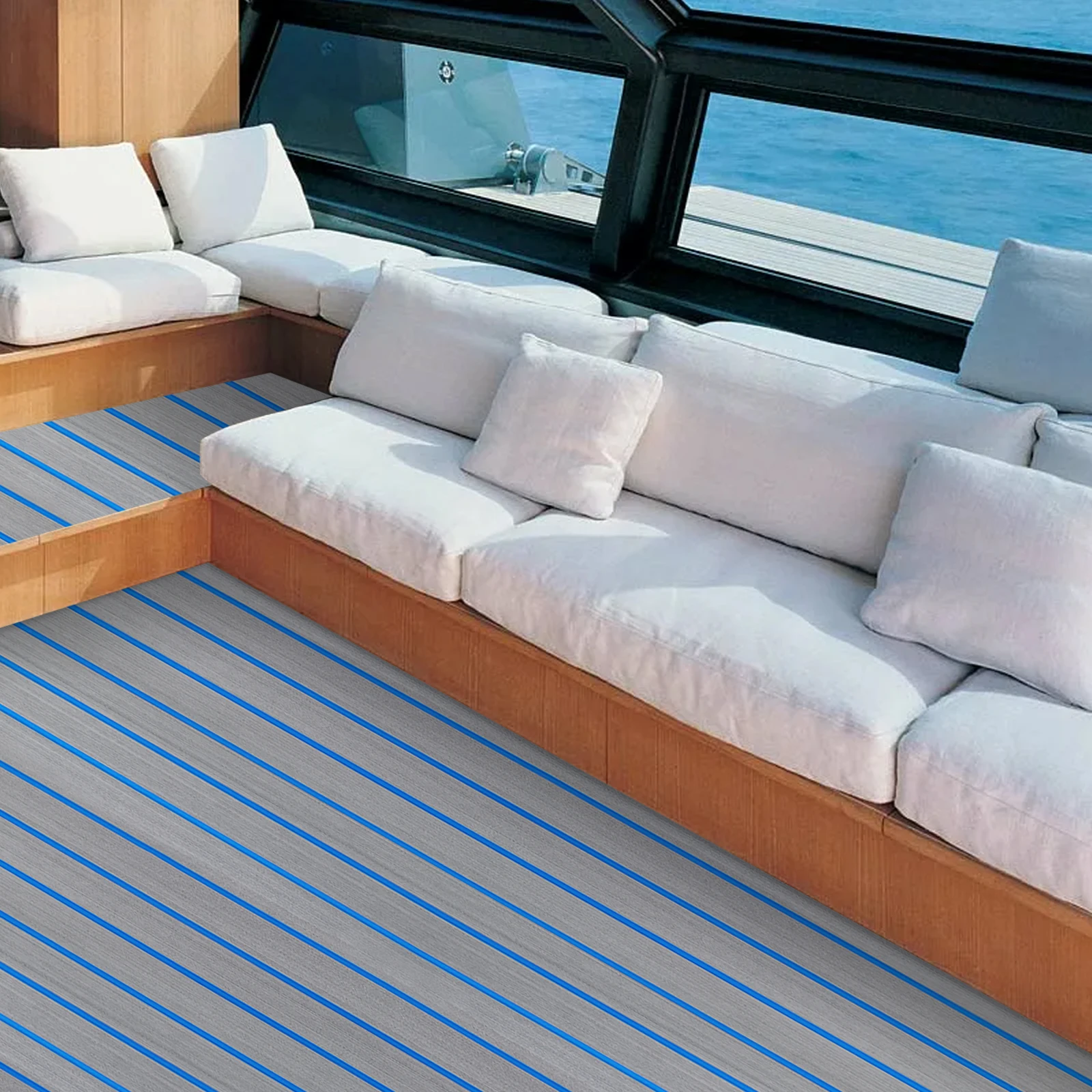 EVA Foam Teak Floor, Striped Marine Flooring Mat, Non-Slip RV Deck Pad, 240x60cm Grey Blue, DIY Cuttable, Waterproof, Decorative Anti-Slip Sheet