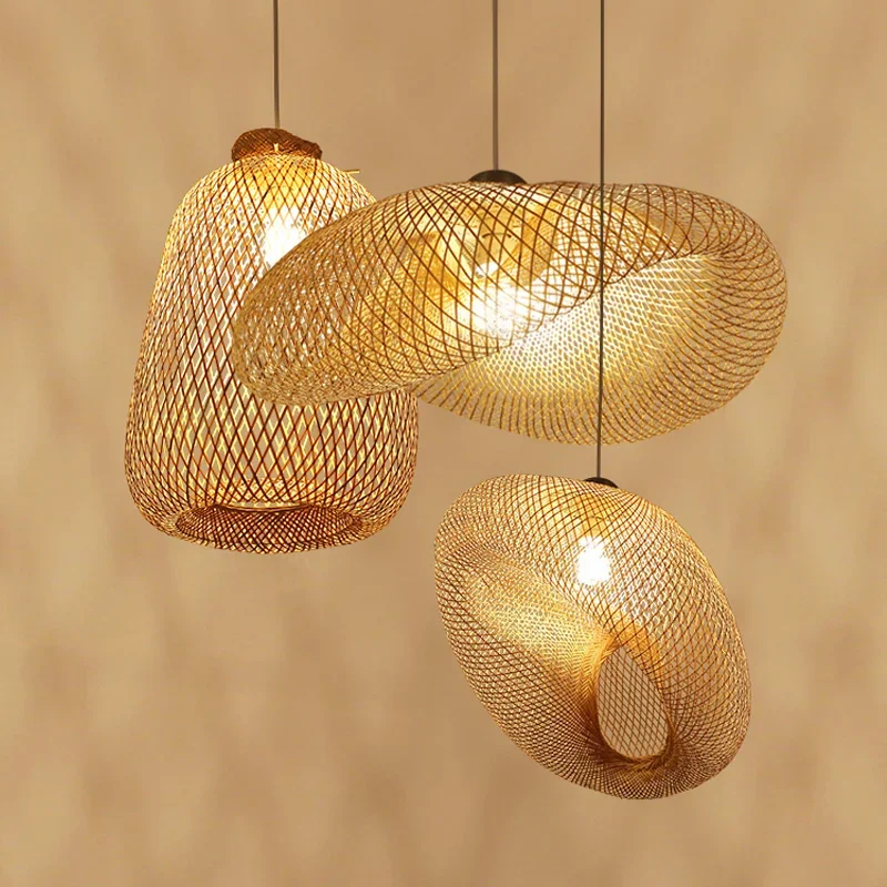 Handmade Bamboo Chandeliers Weaving Pendant Hanging Lamp LED Ceiling Light Fixtures Rattan Woven Home Bedroom Decors