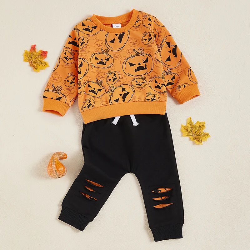 Ropa de Halloween para bebé, sudadera de manga larga con forma de calabaza, Tops, pantalones para correr, 2 uds., ropa infantil para bebé de otoño