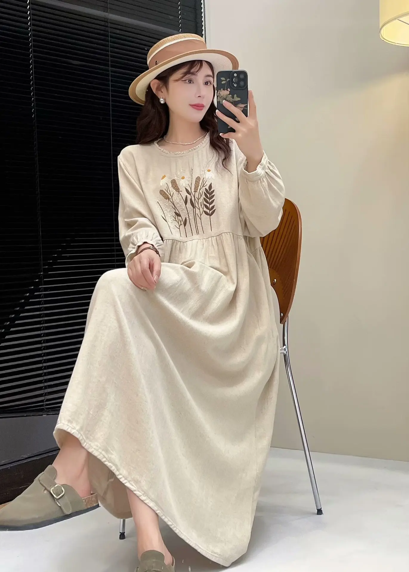 New Summer Cotton Linen Long Sleeve Dresses, Woman O Neck Embroidery, Mori Girl Sweet Loose Vintage Dress, 2024 Fall D476133QC