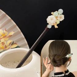 Chinese Hair Stick Step Shake Wooden Hairpin Girls Antique Hanfu Hairpin Pearl Floral Tassel Headdress Vintage Hair Bun Jewelry