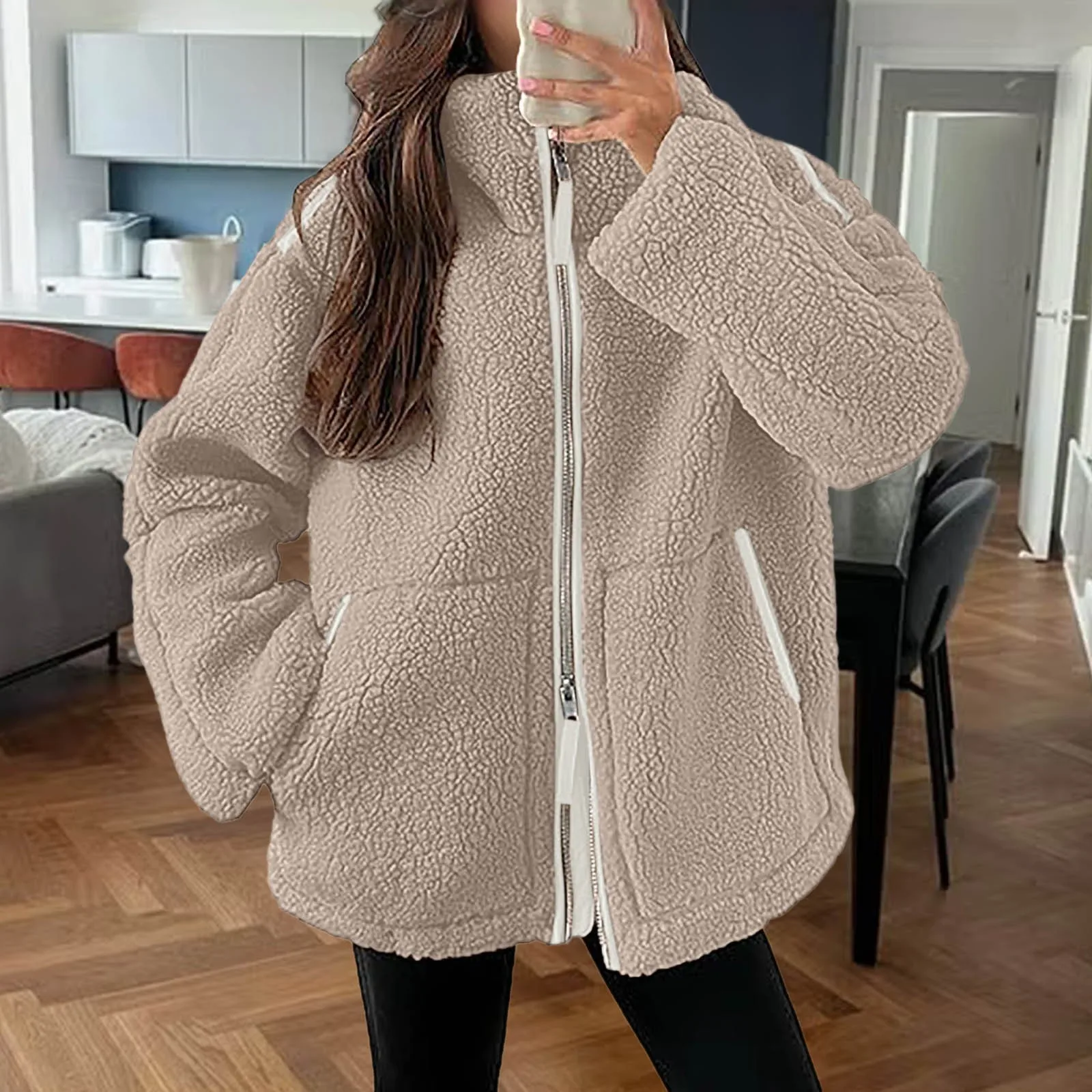 

Women Autumn Winter Warm Jackets Padded clothe Zipper Lamb Wool Coat Stand Collar Casual Pocket Elegant Solid Lady Plush Outwear