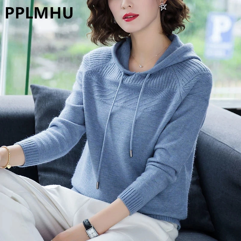 Slim Knitted Hooded Sweaters For Women Classic Malhas Pullover Oversized Spring Fall Casual Knitwear Tops Sueter Sweatshirt New