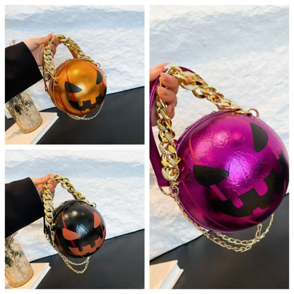 Personalized PU Leather Pumpkin Round Bag 3D Alloy Halloween Ball Bag Solid Color Waterproof Ghost Chain Handbag Women