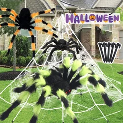 Araña de peluche negra grande de 50cm/90cm/125cm/150cm/200cm, decoración para fiesta de Halloween para el hogar, Bar, Casa Encantada, accesorios de terror, telaraña