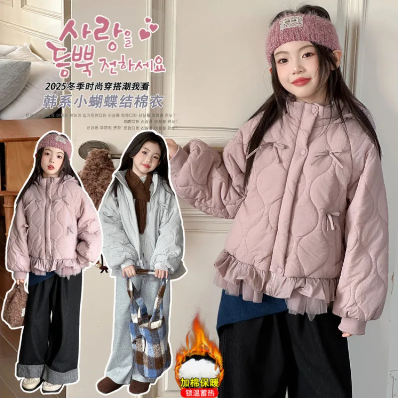 

Girls' Candy-Colored Cotton Jacket with Little Bow Cotton Coat Big Kids Winter Outdoor Warm Coat Suitable for Girls Aged 7-14