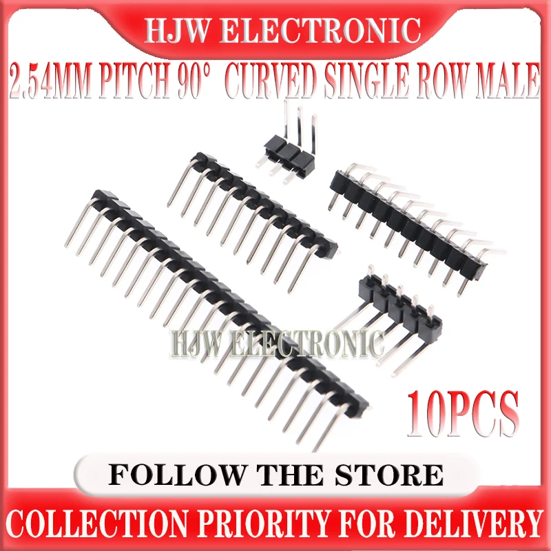 10pcs 2.54mm Pitch 90° Curved Single Row Male Pcb Board Pin Header Connector Strip Pinheader 2p/3p/4p/5p/6p/7p/8p/10p/12p/20/40p