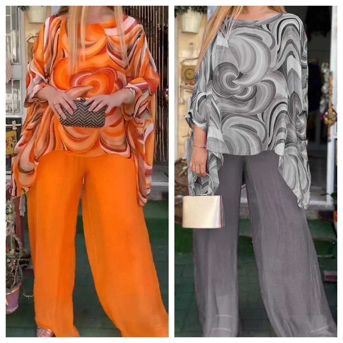 Setelan 2 potong wanita sifon warna-warni, setelan dua potong atasan tidak beraturan lengan kelelawar leher bulat, celana kaki lebar, kasual, motif musim panas