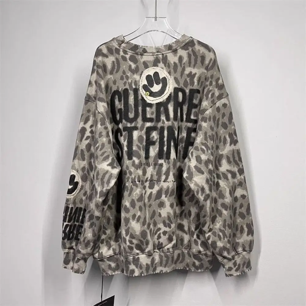 Plus Size Smile Letter Printing Retro Leopard Sweatshirt for Female Autumn New Big Size Ladies Pullovers Trendy Wear Sweatshirt