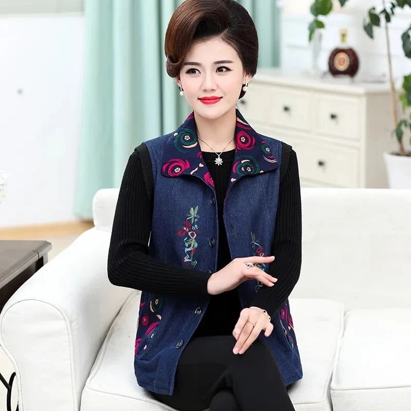 

Spring and Autumn Vest Women Mother Wear Thin Denim Vest Elderly Grandma Vest Jacket with Lining Embroidered Cardigan Female