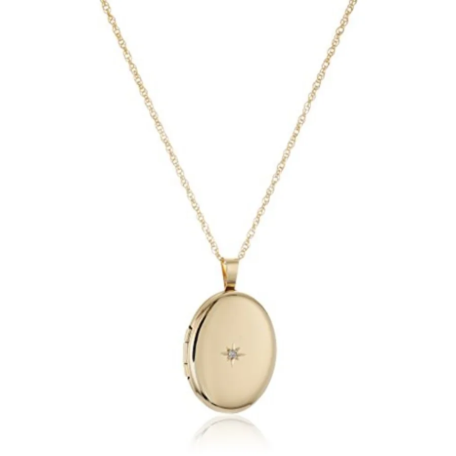 

14k Gold-Filled Polished Oval Pendant Locket Necklace with Genuine 0.01 cttw Diamond, 18"