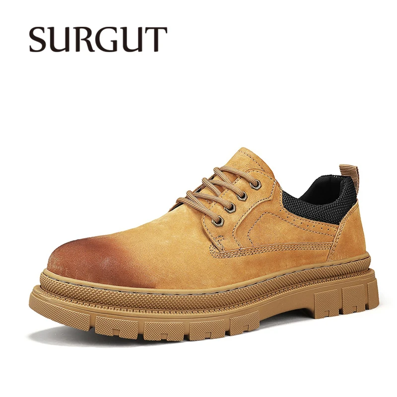 SURGUT Autumn Spring Men Casual Shoes Cow Leather Upper Vintage Washed Retro Style Size 39-45