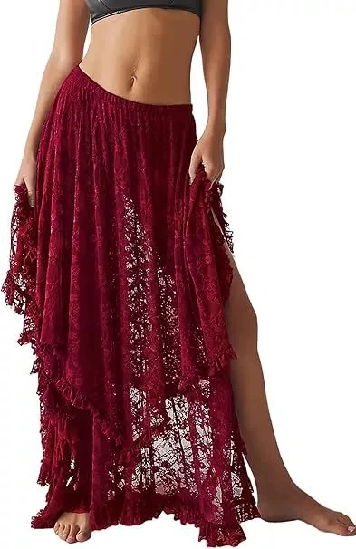 Ethnic style lace midi skirt, retro irregular mid length skirt, lace curtain skirt cover, fresh and sweet style