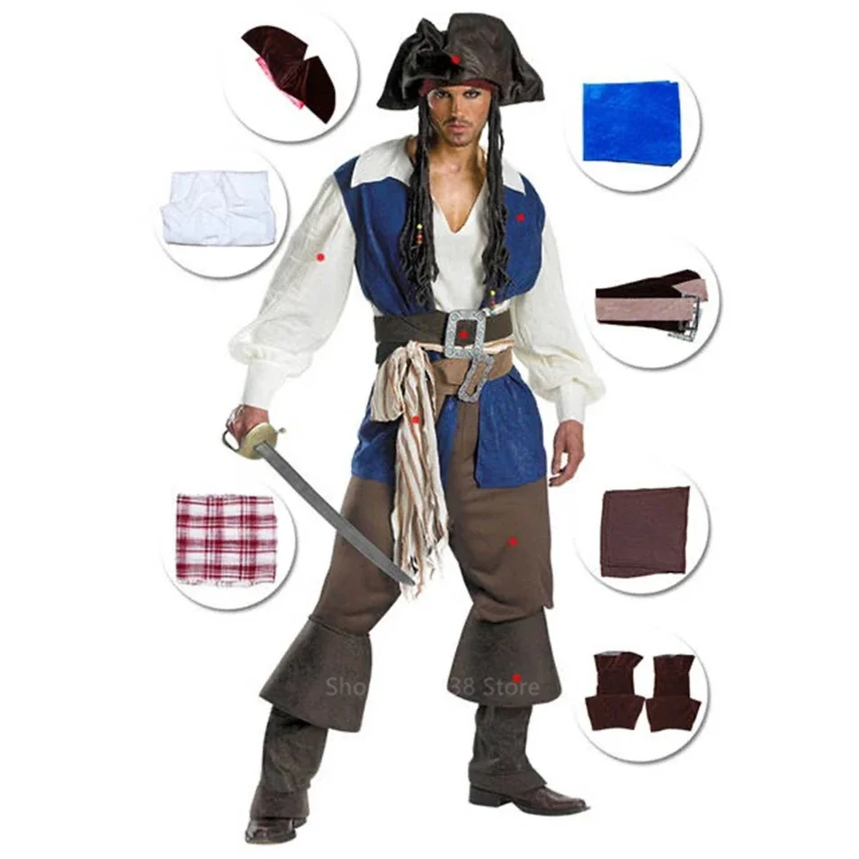 Fato de Cosplay Capitão Jack Sparrow para Homem e Mulher, Roupa de Halloween, Adulto, Piratas das Caraíbas, Masculino