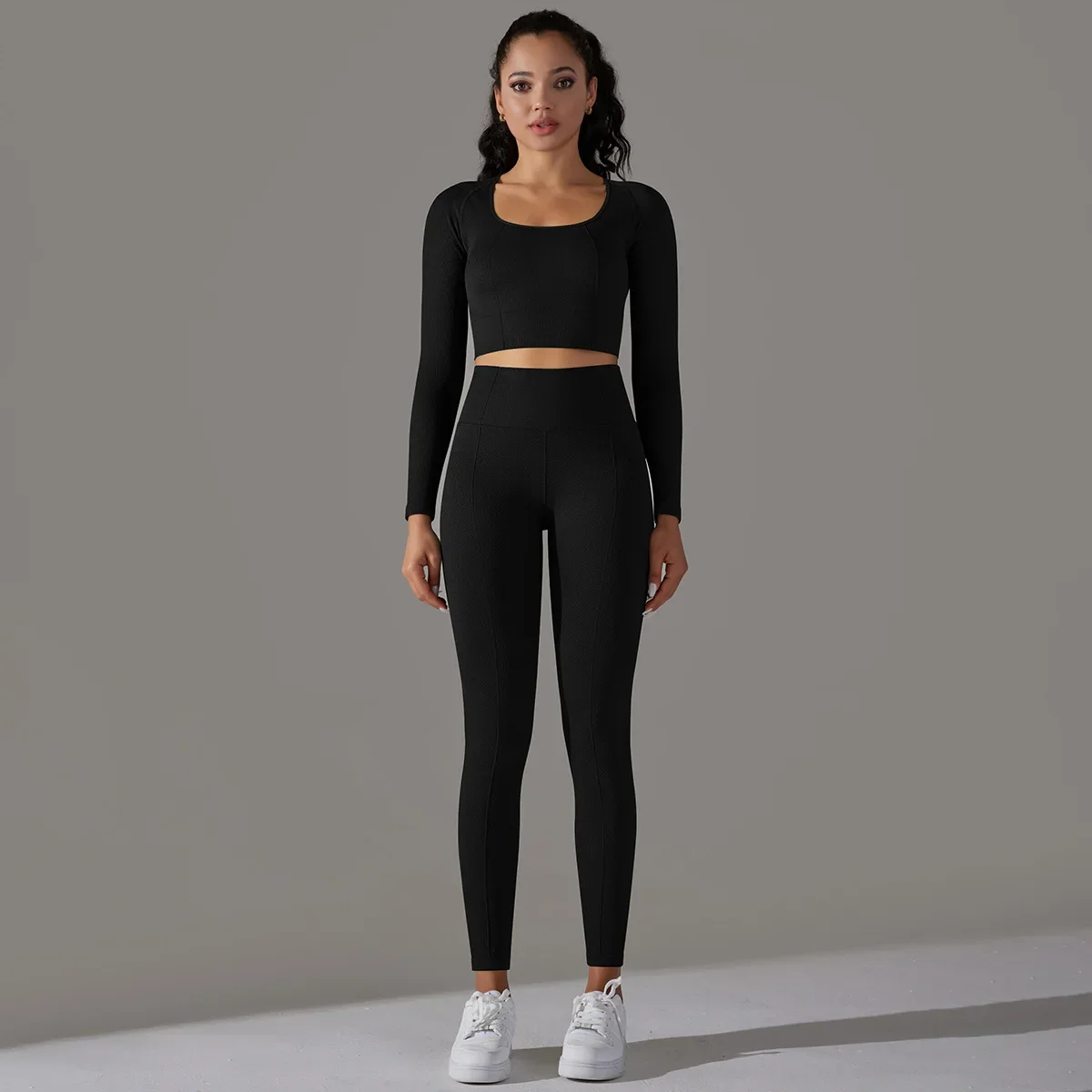 Seamless Knitted Solid Color Jacquard Low Cut Tight Long Sleeved Yoga Suit Set, Sports and Fitness Two-piece set yoga women