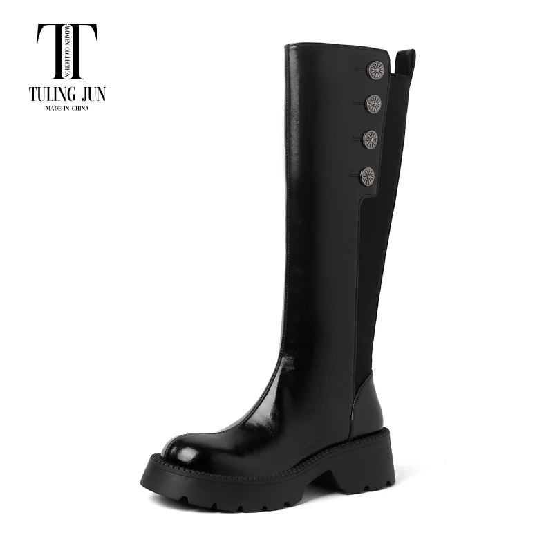 TULING JUN 2023 Winter Elegant Woman Round Toe Zip Knee High Boots Solid Color Med Heels Thick Bottom Shoes For Female T-MK8987