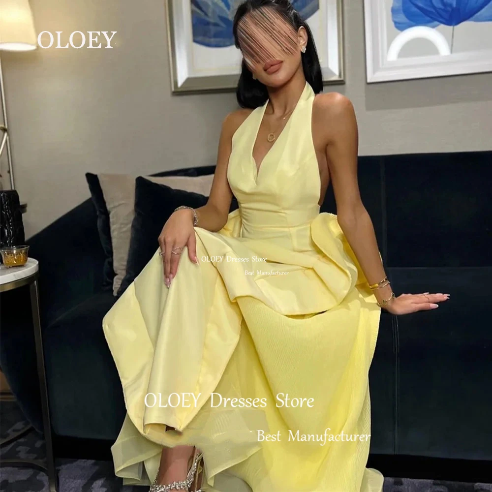 

OLOEY Sexy Yellow V Neck Halter Evening Dress Arabia Sleeveless Floor Length Soft Satin Bridal Gown Custom Straight Party Gown