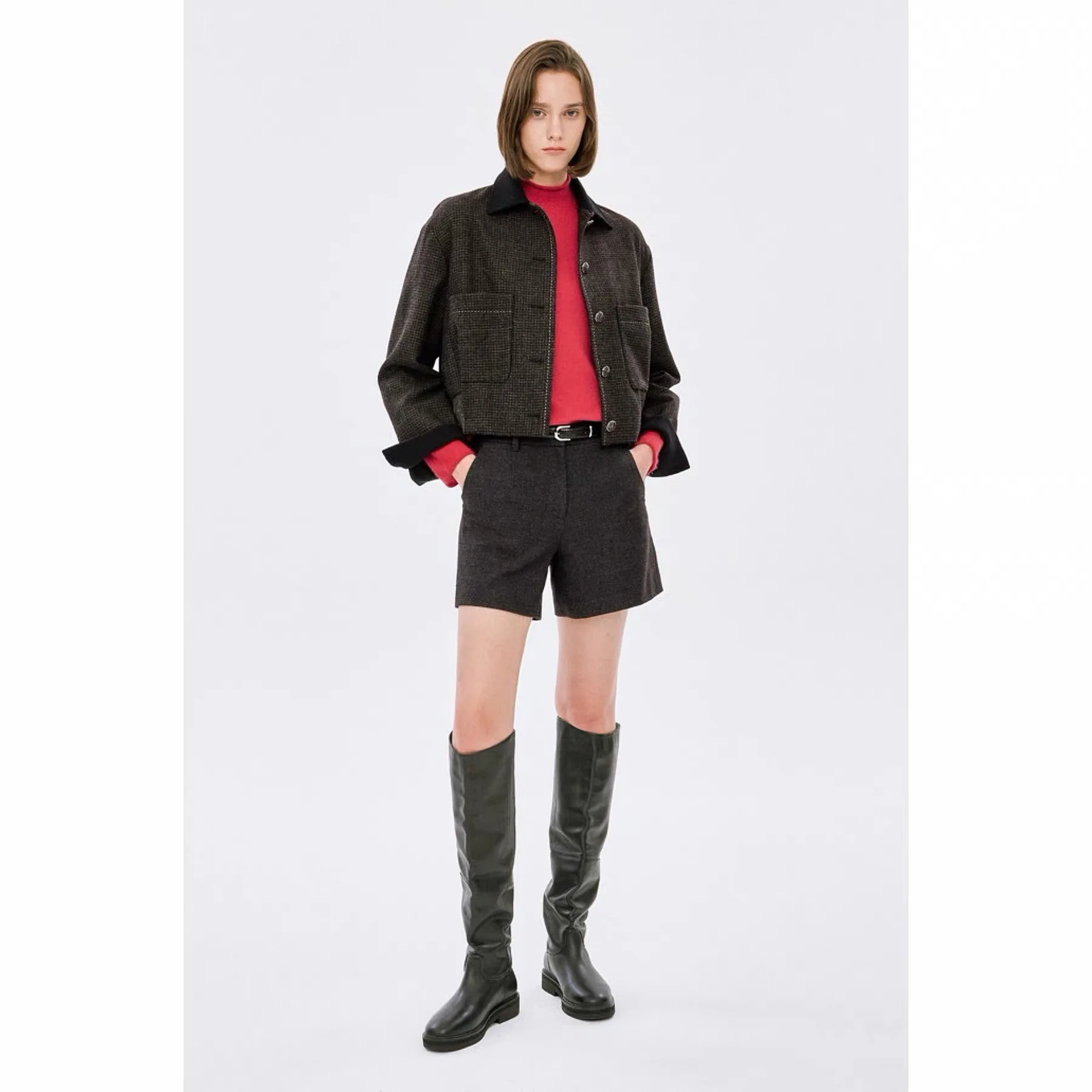 NingYao TIM26 Autumn Thickened Flannel Jacket Collar Color Block Tweed Pattern Women's Short Coat Commute Style Long Sleeve