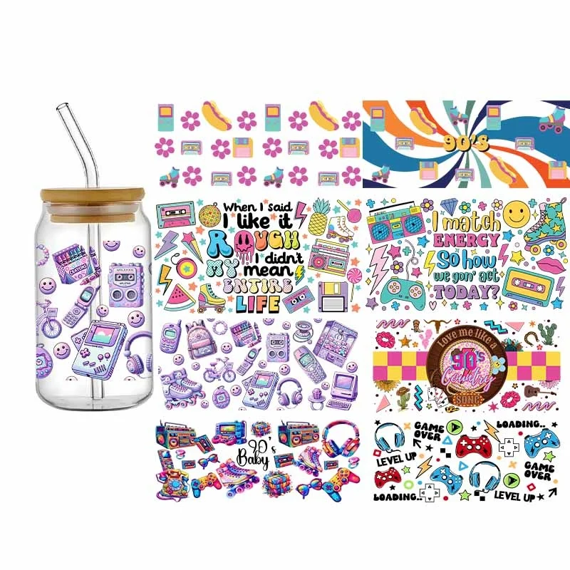 3D UV DTF Games Console Transfer Sticker Fashion Design Cup Envelopes Colorful Series 16 oz Glass Cup Stickers Fashionable