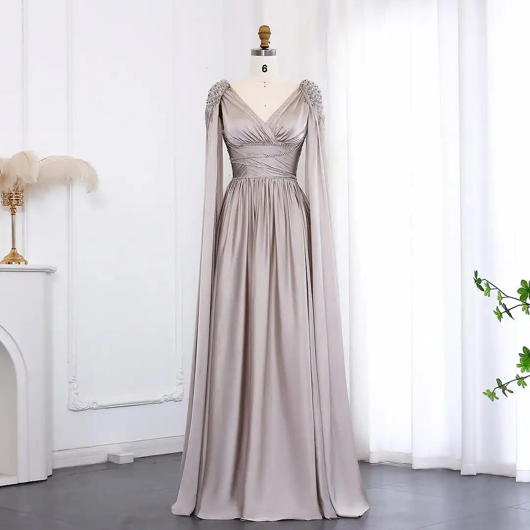

QR Customized Women Evening Dresses V Neck Elegant Pleat Rhinestone Prom Zipper Satin Luxurious Floor Length A-line Party