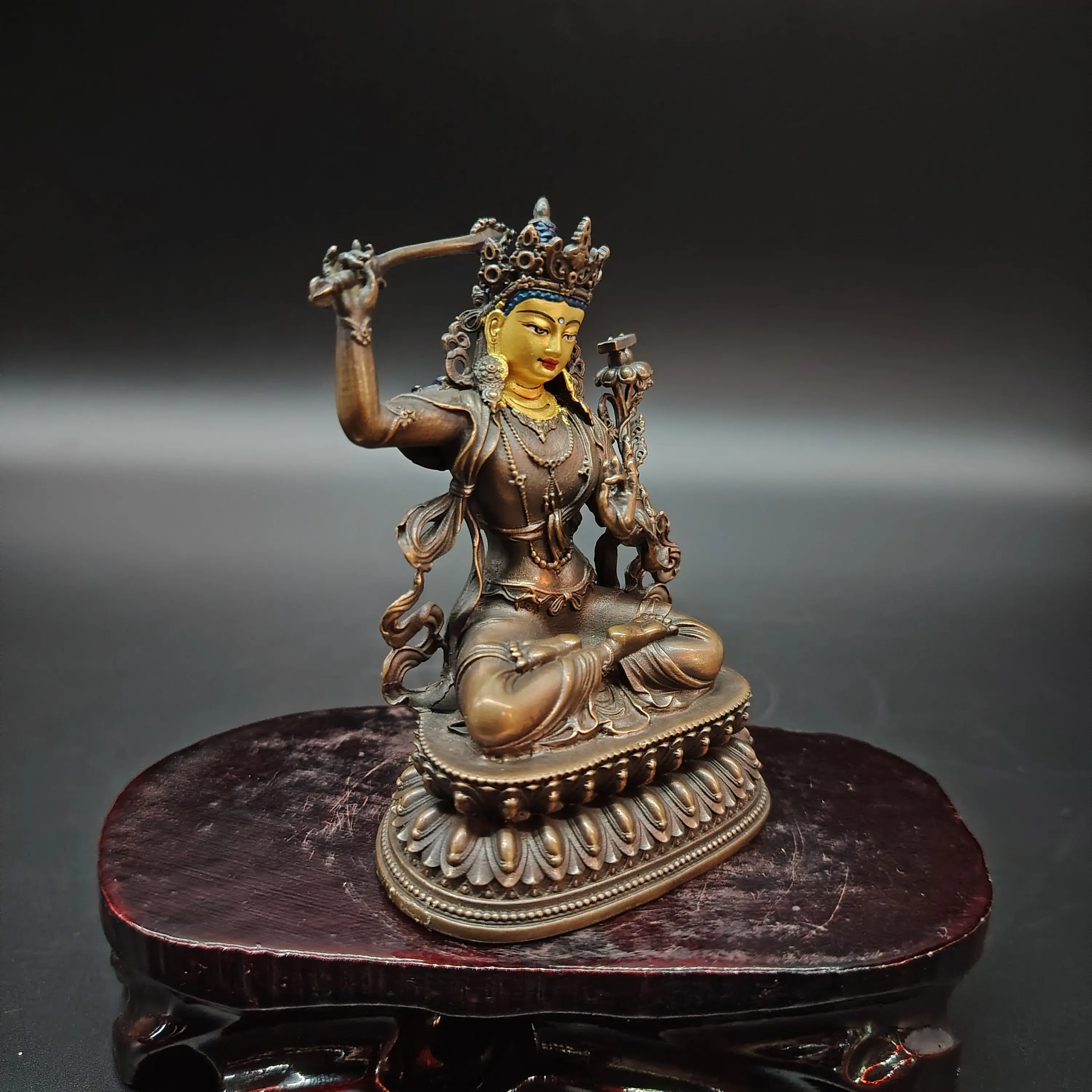 Antique Copper Painted Face Two-Arm Manjushri with Wisdom Sword Statue 10cm Home Desktop Altar Blessing