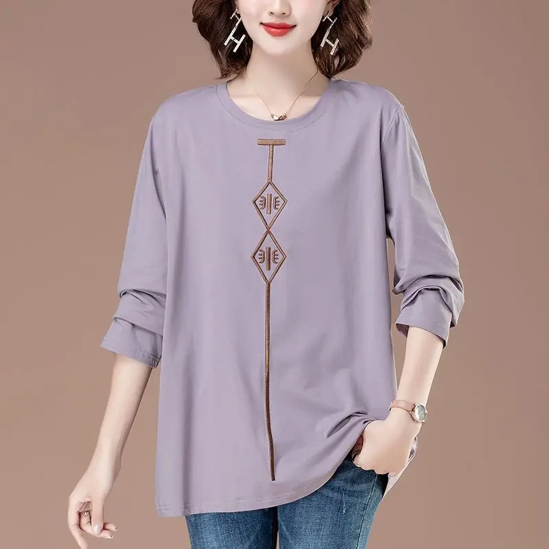 Cotton Chinese Style Embroidered Long Sleeve T-Shirts Women Spring Autumn Women Clothing Loose Oversized Bottoming Shirt Top Tee