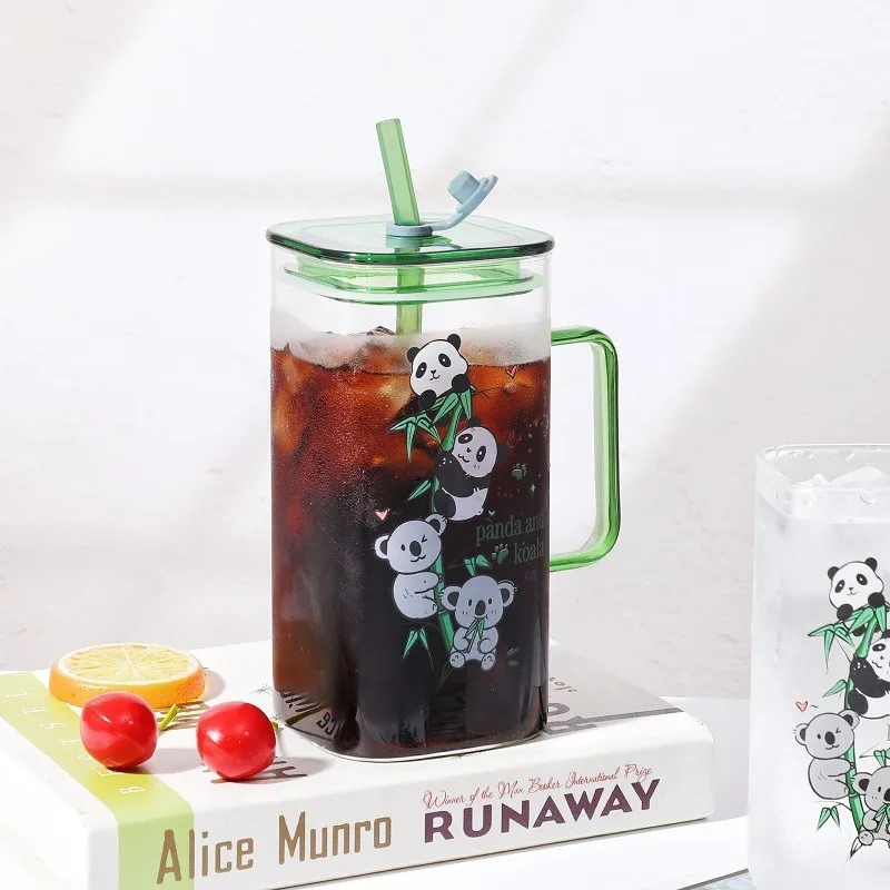 New Square Glass Large Capacity Water Cup with High Beauty and Cute Cartoon Straws in Summer Creative Handle Cup