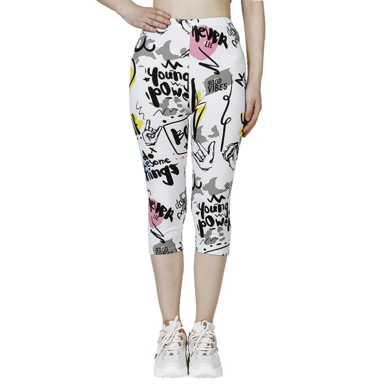 K471 Summer Capris Leggings, White Yellow Letters, Cloud Printed Capris, Soft and Elastic Casual Sportswear for Women