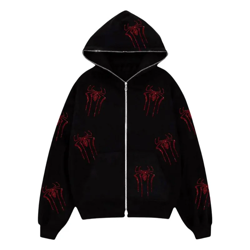 

Rhinestone Hoodie Zip-up Sweatshirt Spider Red Jackets Y2K Long Sleeve Pockets Streetwear Loose Hip Hop Fashion Men Women Coat