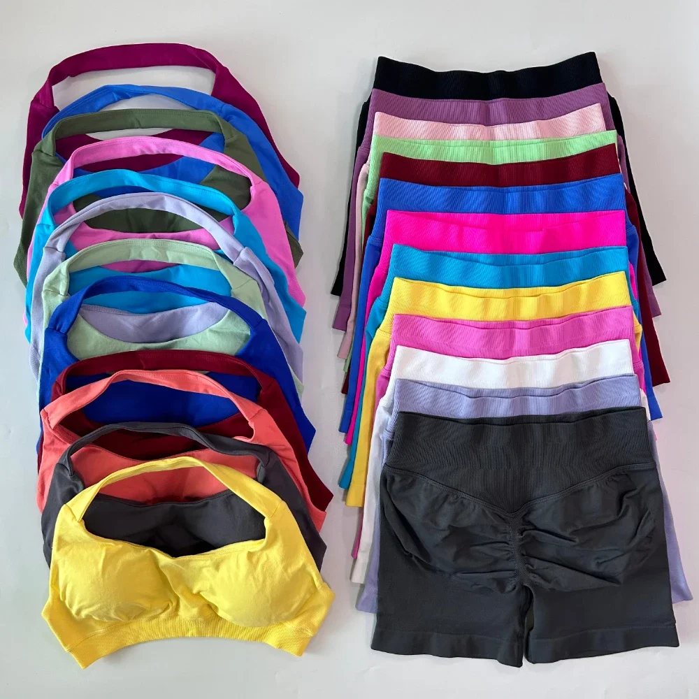 2-teiliges Set Damen Nahtloses Yoga-Set Workout-Sets Halter-Sport-BH Scrunch-Shorts Fitnessanzug Sportbekleidung – Detail 15