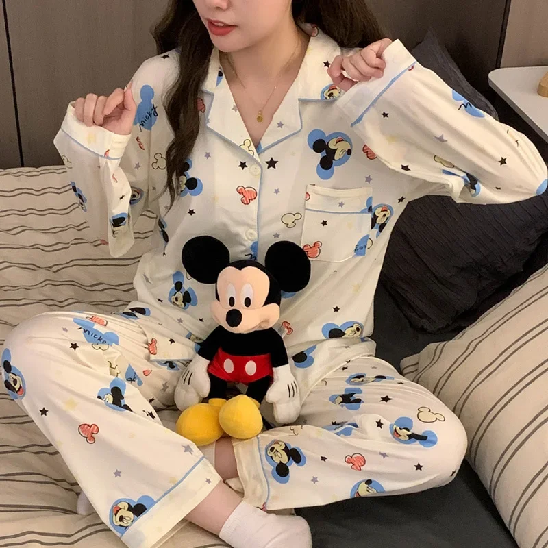 Cartoon Disney Mickey Mouse autumn new pajamas pajamas set casual long-sleeved trousers cute loose cardigan women\'s loungewear