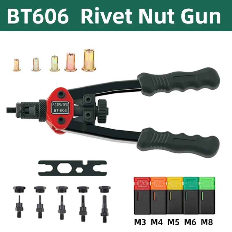 BT-606 rivettatrice pistola strumento filettato a mano rivetto dado pistola M3 M4 M5 M6 M8 doppio inserto manuale doppio manico rivettatrice strumento 200 pz dadi