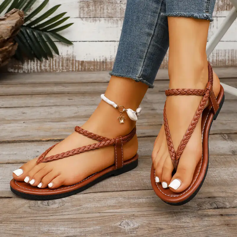 Sandalias Planas Vintage con Tira Tejida y Punta Abierta para Mujer, Verano 2026, Sandalias Planas Cómodas, Sandalias Gladiador, Chanclas de Talla Grande para Mujer