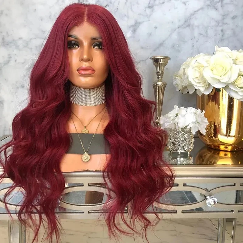 

Wavy Burgundy Red Soft Glueless Body Wave Lace Front Wig 26inch Long 180 Density For African Women Baby Hair Preplucked Daily