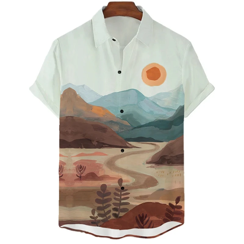 

Harajuku Natural Scenery 3D Print Shirts For Men Clothes Sunset Hills Graphic Blouses Desert River Y2k Short Sleeve Beach Shirts